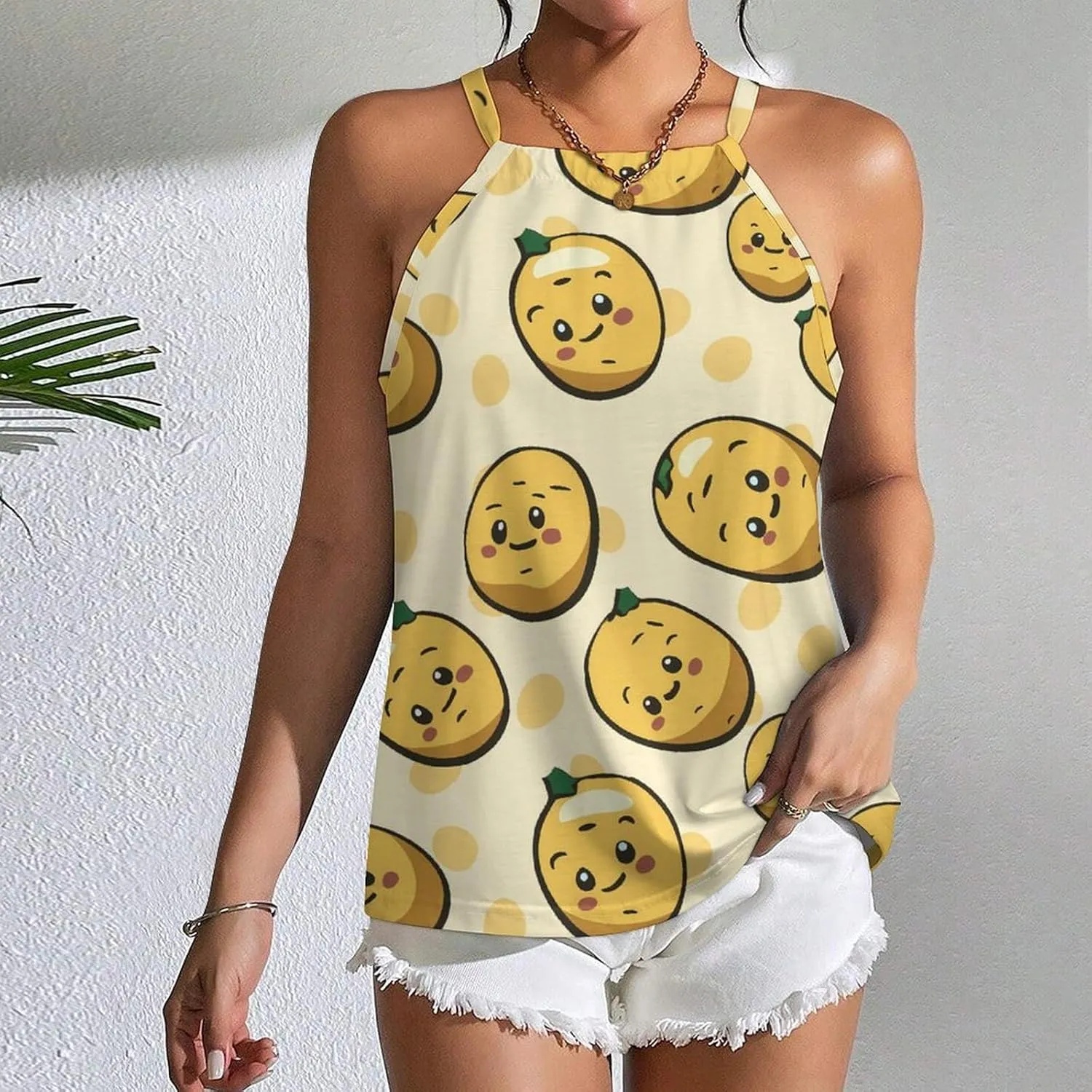 Cute Potato Women's Tank Top Sleeveless Spaghetti Straps Tie Back Print T-shirt Tops