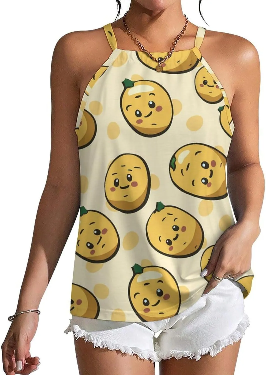 Cute Potato Women's Tank Top Sleeveless Spaghetti Straps Tie Back Print T-shirt Tops