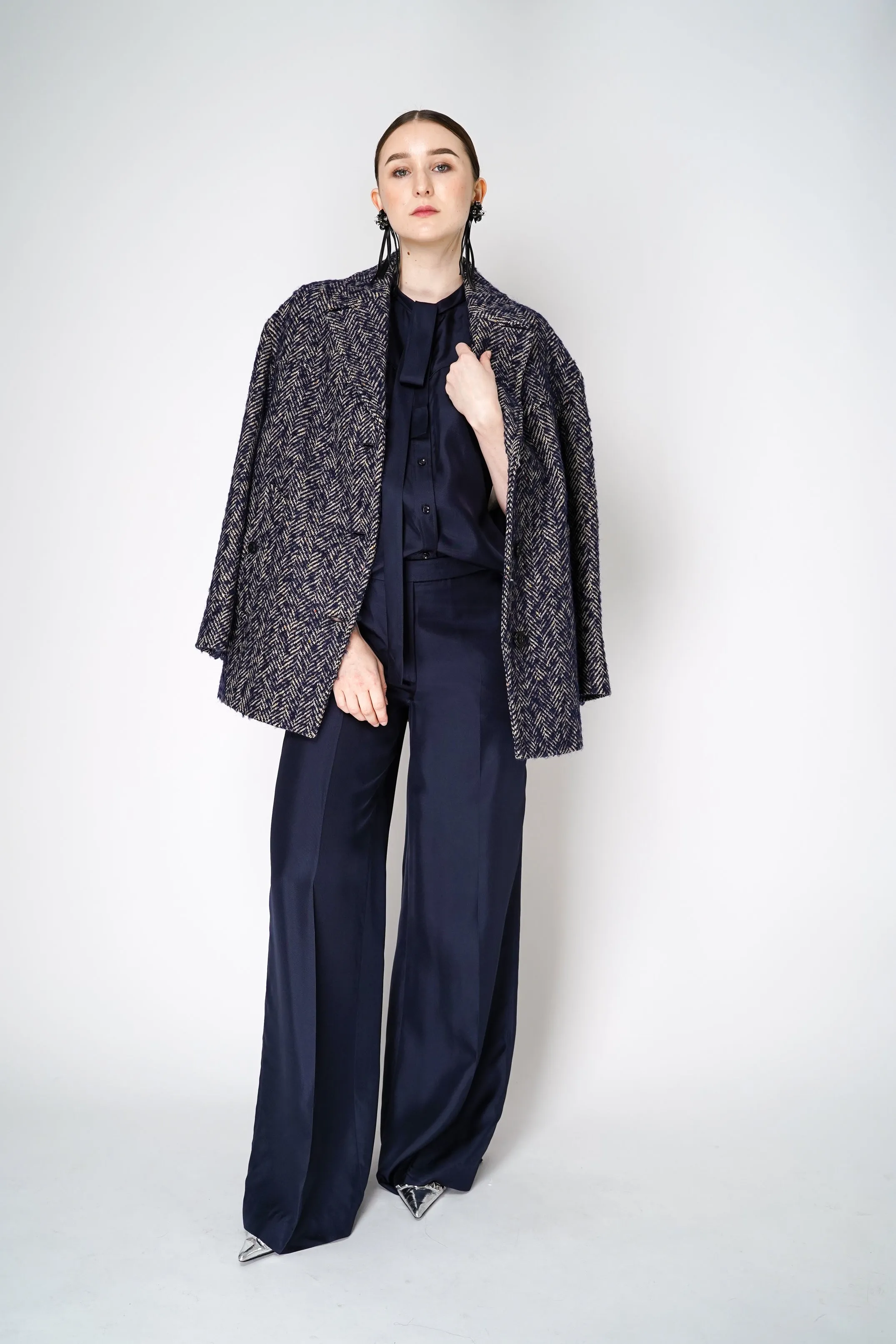 Dorothee Schumacher Herringbone Wool Coat in Navy and White