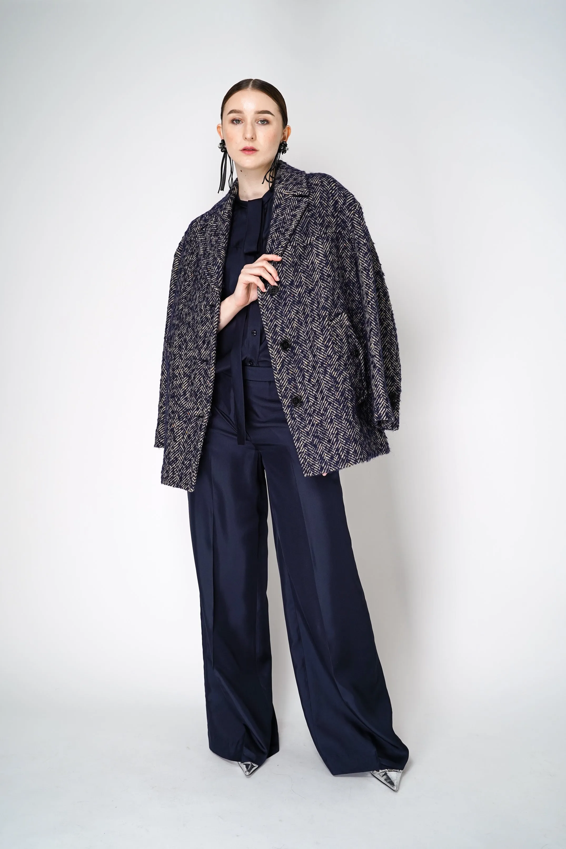 Dorothee Schumacher Herringbone Wool Coat in Navy and White