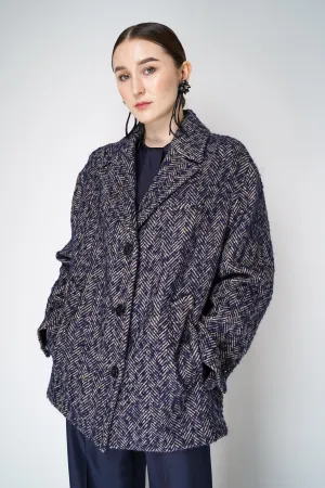 Dorothee Schumacher Herringbone Wool Coat in Navy and White