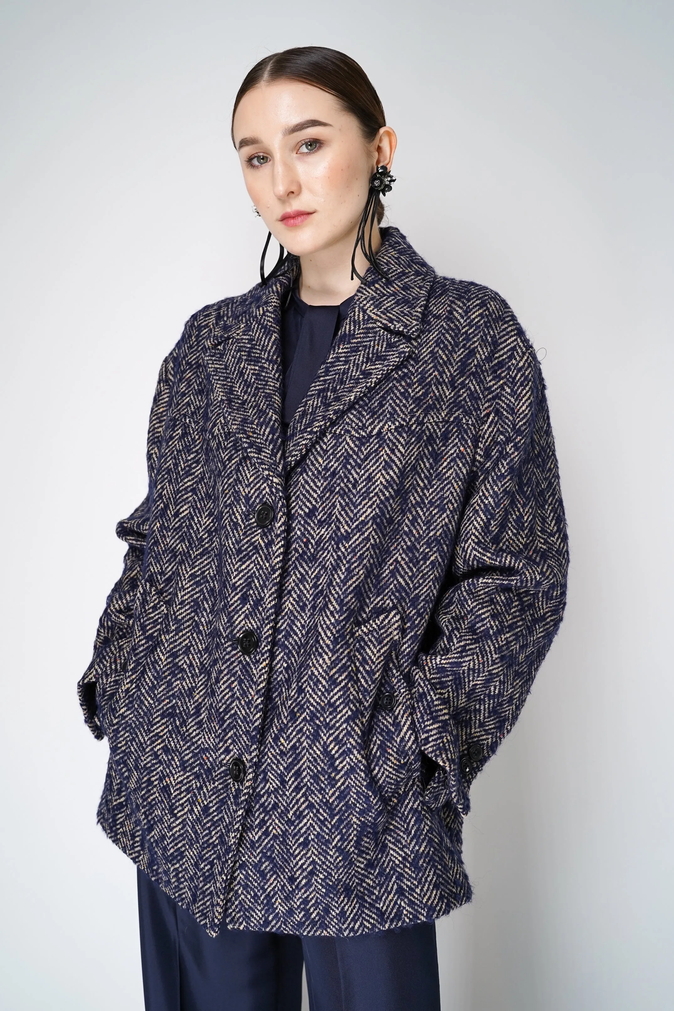 Dorothee Schumacher Herringbone Wool Coat in Navy and White
