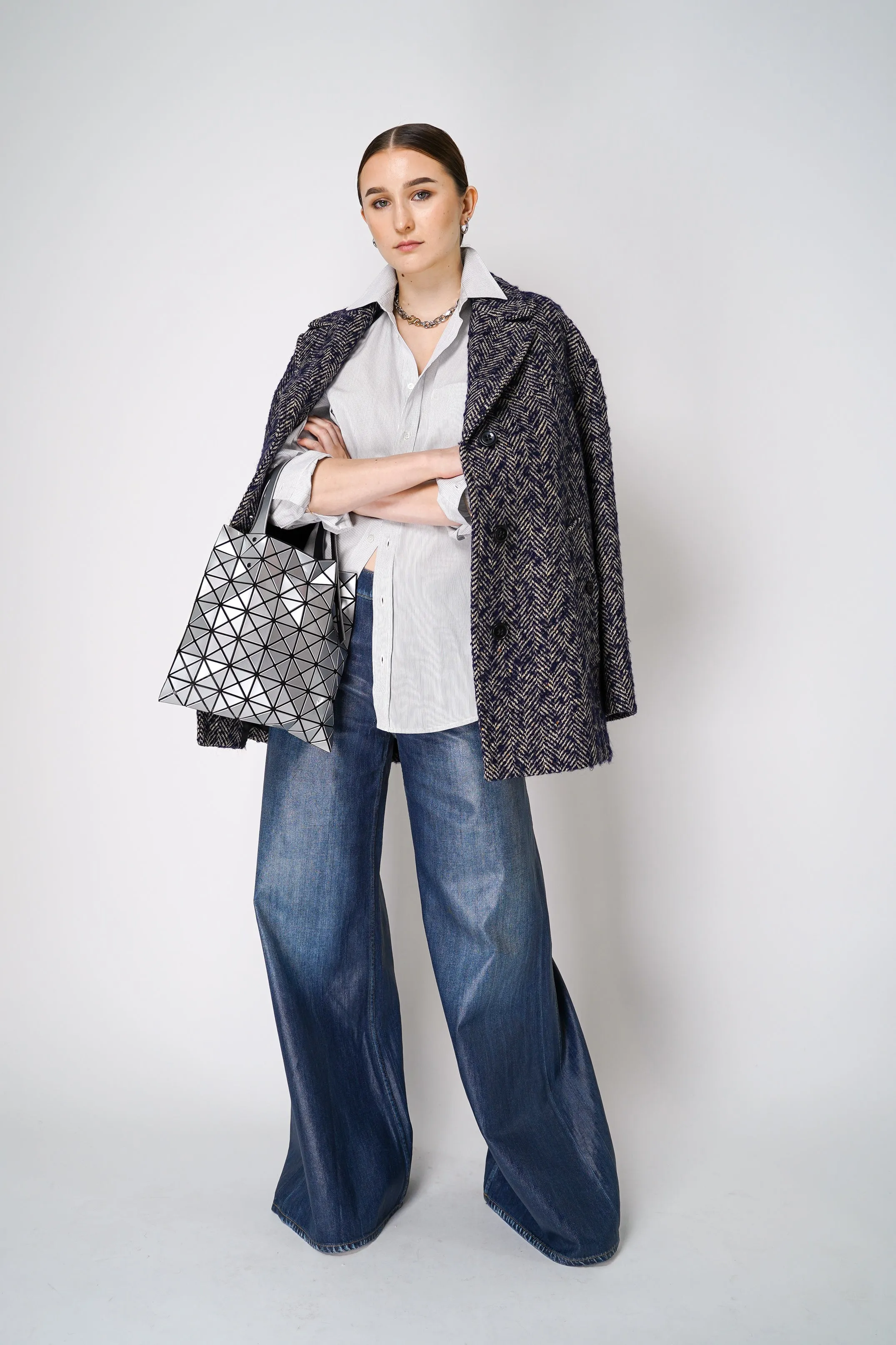 Dorothee Schumacher Herringbone Wool Coat in Navy and White