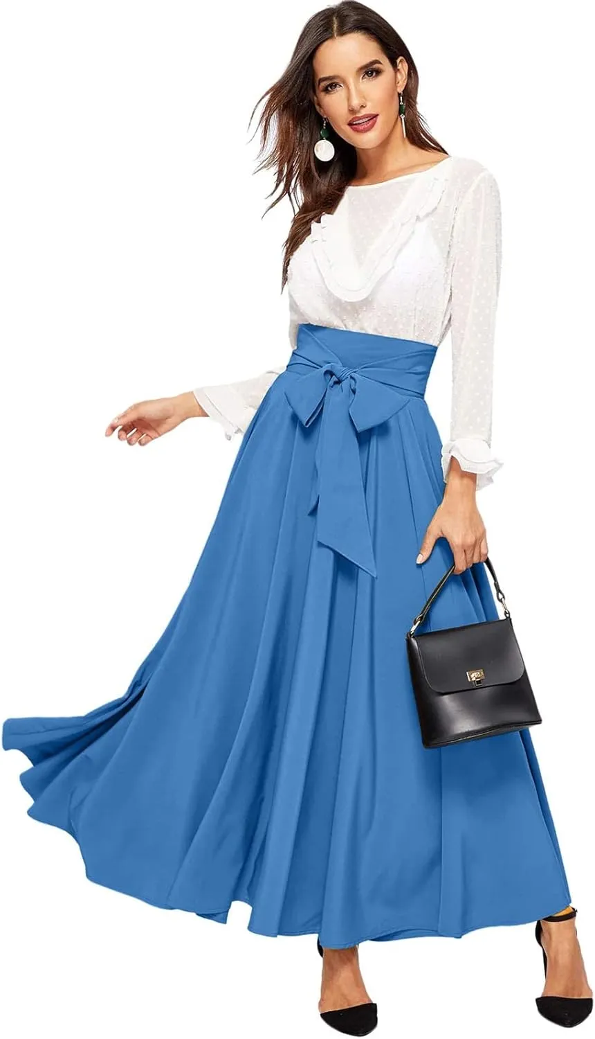 Dressy Skirts for Women Flowy Ruffle Swing High Waisted Bow Front Pleated Maxi Skirts Fall Business Work Suit Dresses