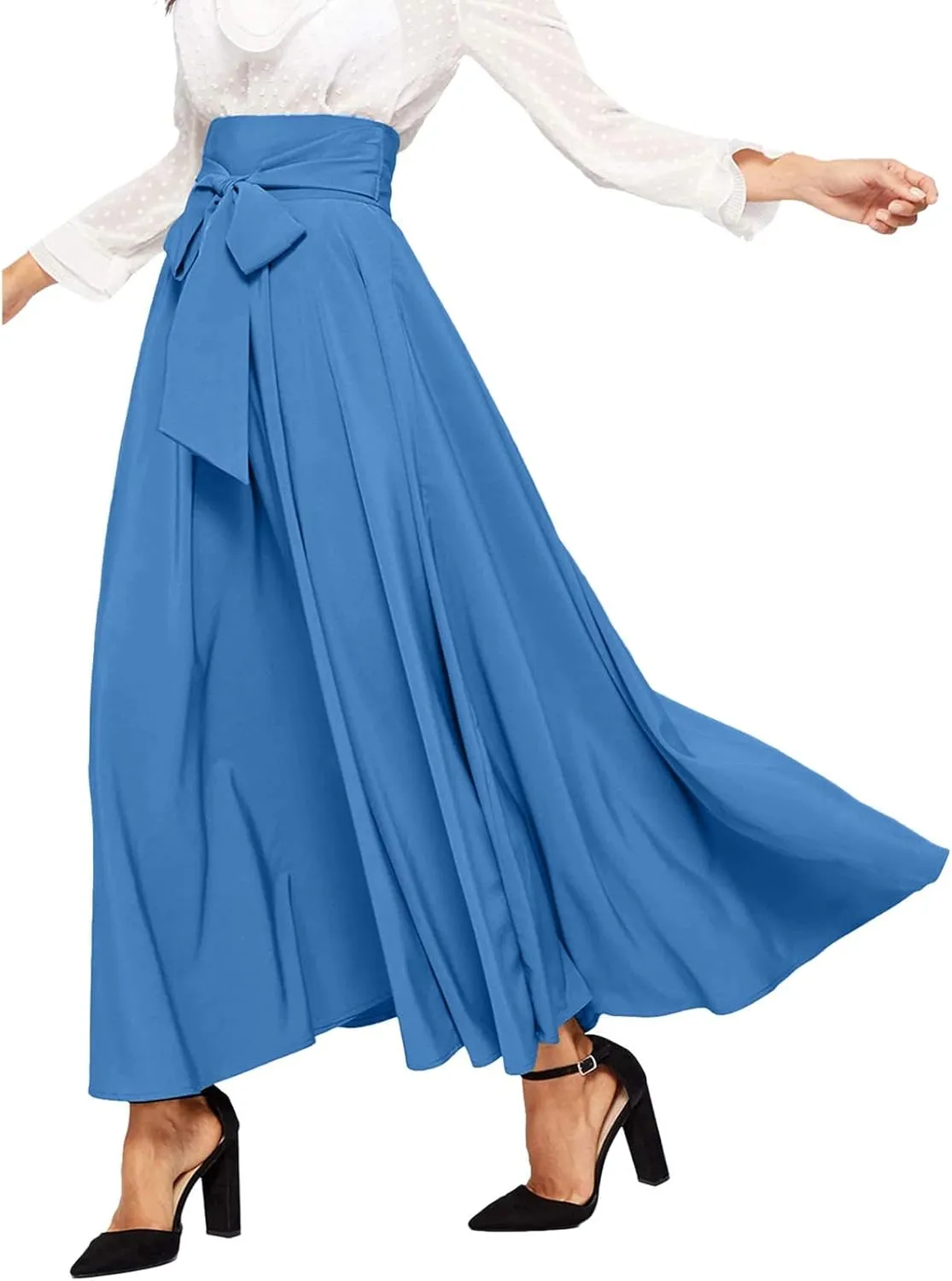 Dressy Skirts for Women Flowy Ruffle Swing High Waisted Bow Front Pleated Maxi Skirts Fall Business Work Suit Dresses