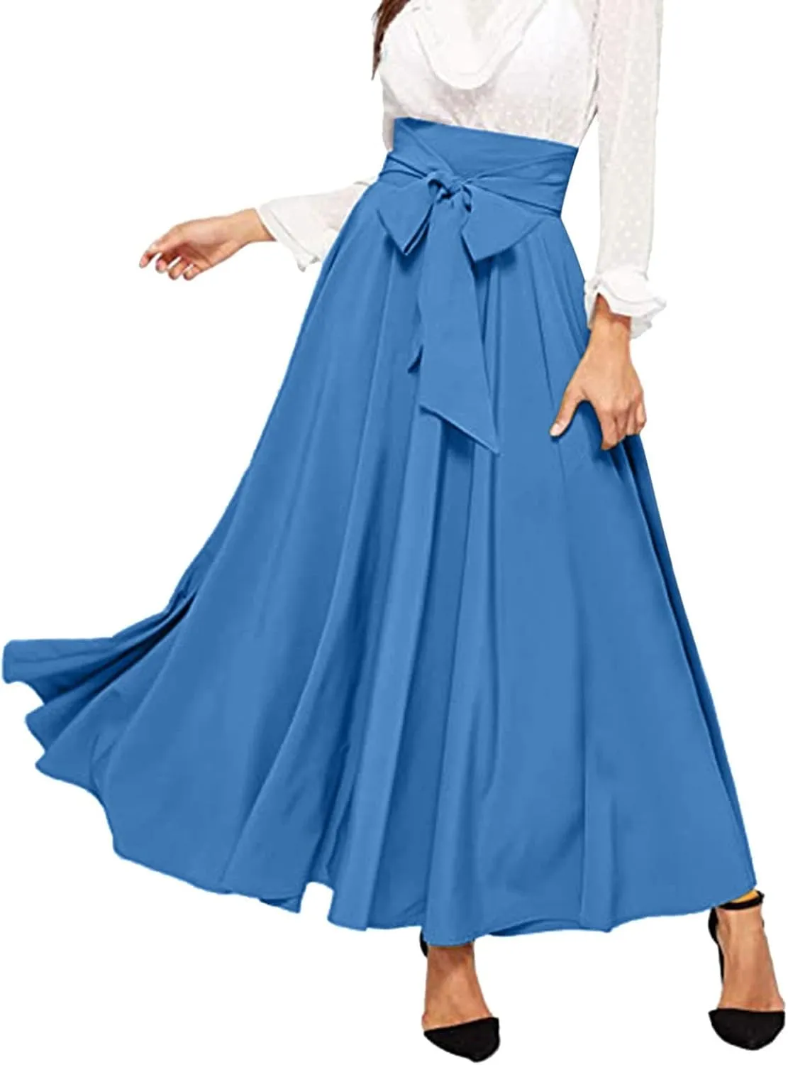 Dressy Skirts for Women Flowy Ruffle Swing High Waisted Bow Front Pleated Maxi Skirts Fall Business Work Suit Dresses
