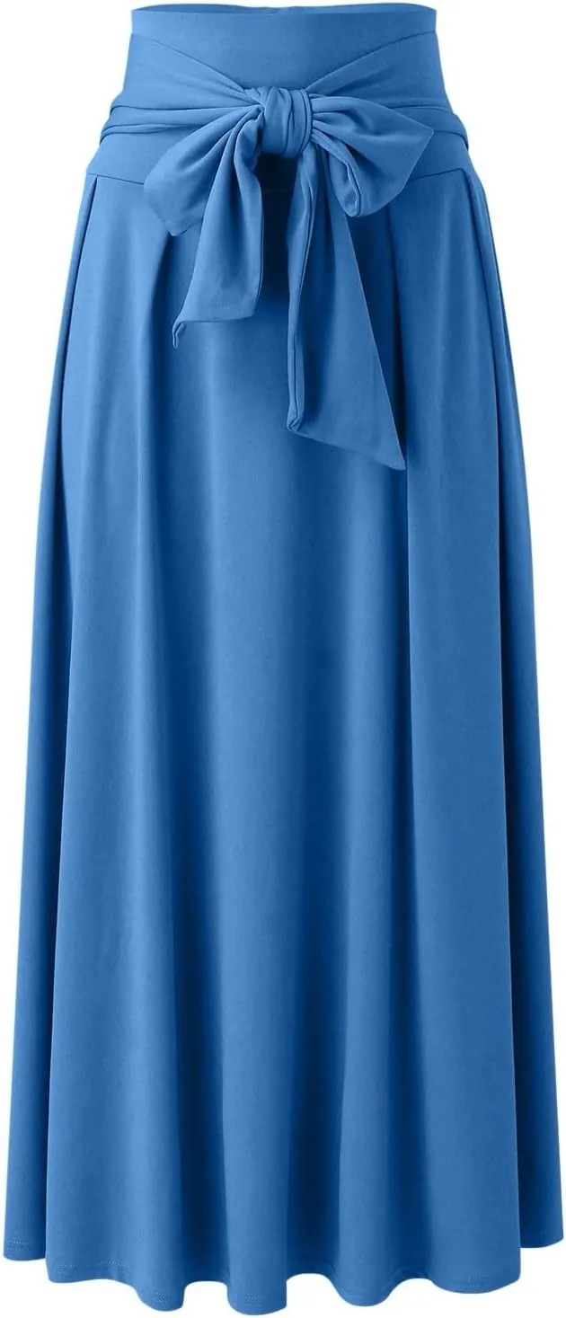Dressy Skirts for Women Flowy Ruffle Swing High Waisted Bow Front Pleated Maxi Skirts Fall Business Work Suit Dresses