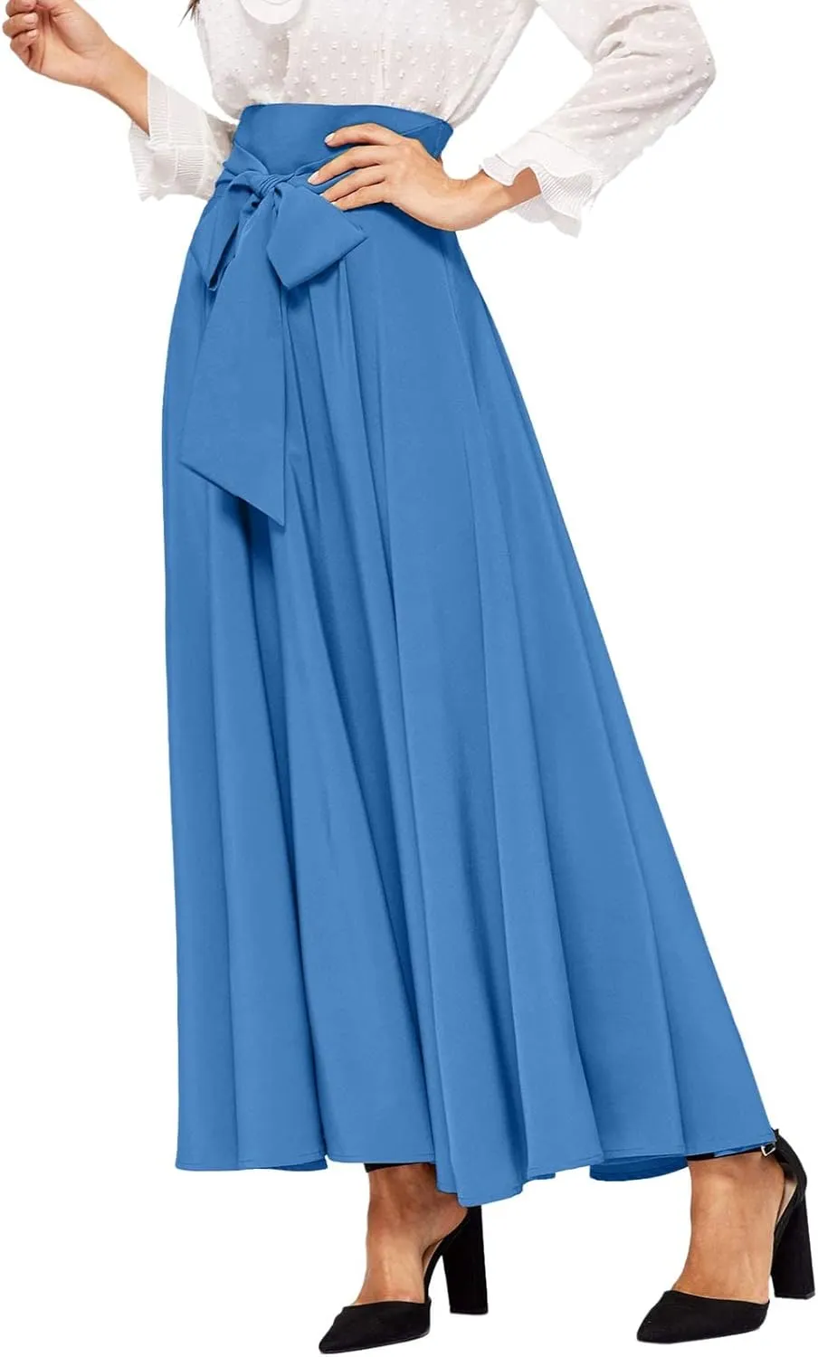 Dressy Skirts for Women Flowy Ruffle Swing High Waisted Bow Front Pleated Maxi Skirts Fall Business Work Suit Dresses