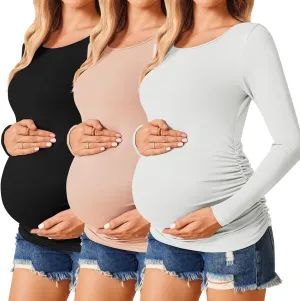 Ekouaer Womens Maternity Shirts Long Sleeve 3 Packs Pregnancy Tee Top Tunic Blouse Casual Mama Clothes S-XXL