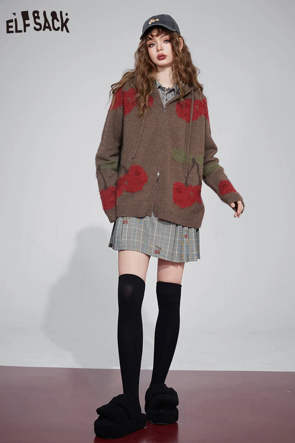 ELFSACK Cherry Plaid Dress Woman 2023 Winter New Korean Fashion Long Sleeve Dress