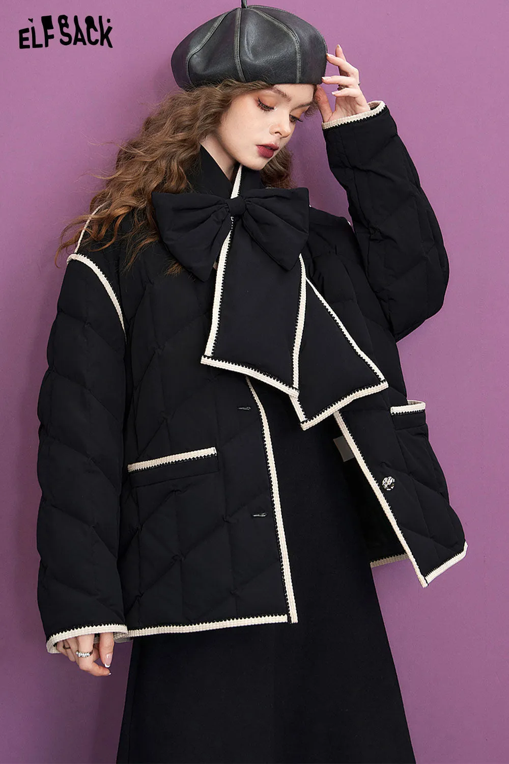 ELFSACK Warm Down Coats Women 2023 Winter Elegant Bow Scarf Jackets