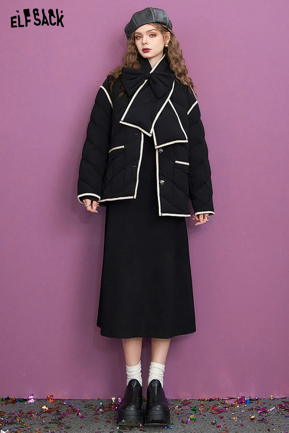 ELFSACK Warm Down Coats Women 2023 Winter Elegant Bow Scarf Jackets