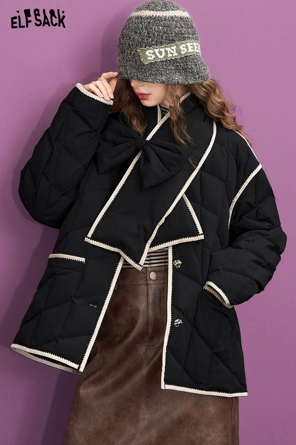 ELFSACK Warm Down Coats Women 2023 Winter Elegant Bow Scarf Jackets