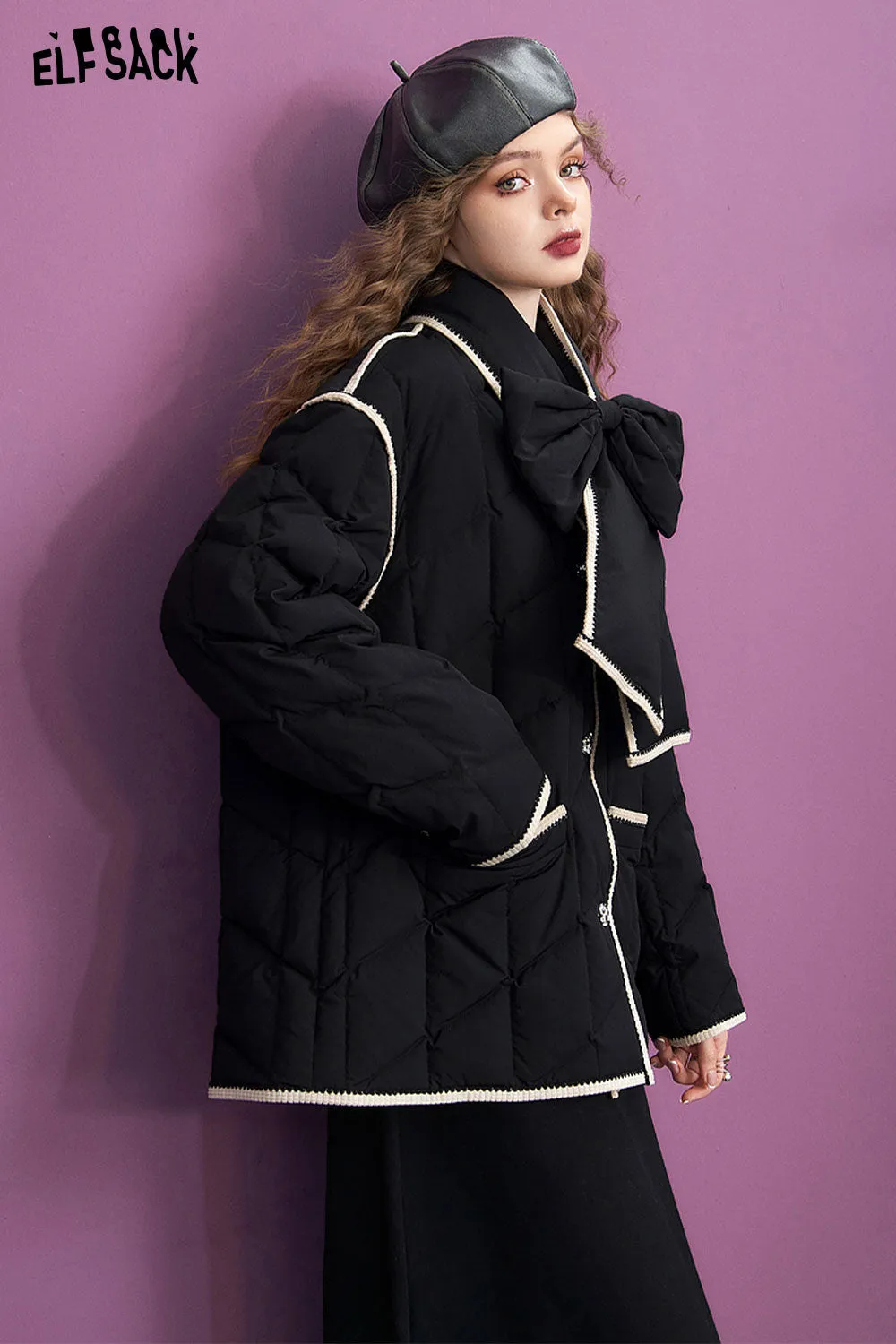 ELFSACK Warm Down Coats Women 2023 Winter Elegant Bow Scarf Jackets