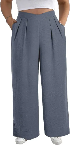 Eytino Womens Plus Size Wide Leg Pants Crossover Waist Pleated Front Casual Work Pants Lounge Trouser with Pockets(1X-5X)