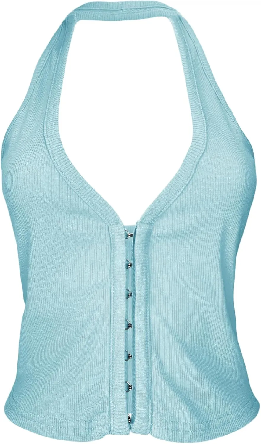 Fallorchid Womens Sleeveless Tank Tops Sexy Y2k Halter V Neck Ribbed Kint Crop Top