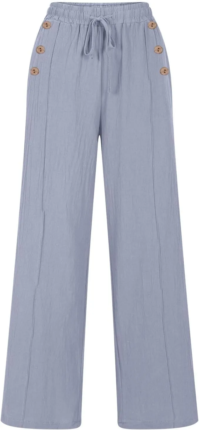 fartey Womens Summer Beach Pants Cotton Linen Oversized Palazzo Trousers Elastic Drawstring Waist Boho Outfit with Pockets