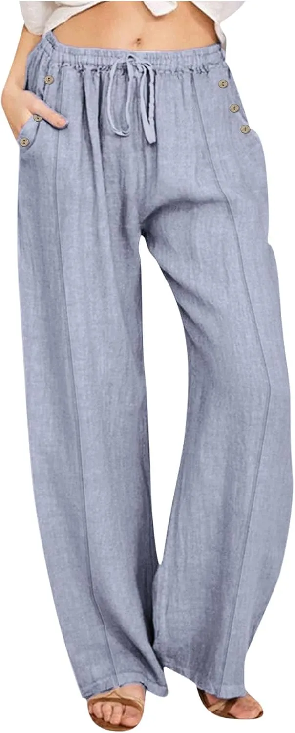 fartey Womens Summer Beach Pants Cotton Linen Oversized Palazzo Trousers Elastic Drawstring Waist Boho Outfit with Pockets