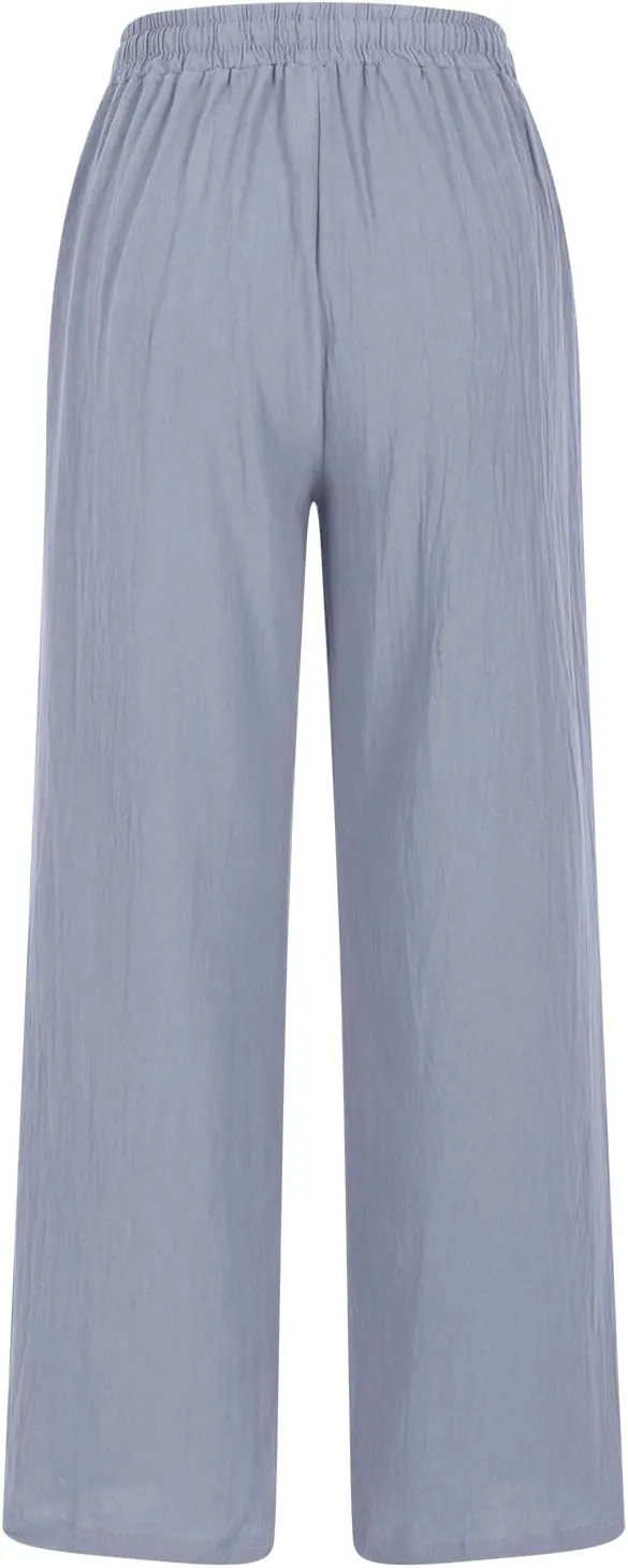 fartey Womens Summer Beach Pants Cotton Linen Oversized Palazzo Trousers Elastic Drawstring Waist Boho Outfit with Pockets