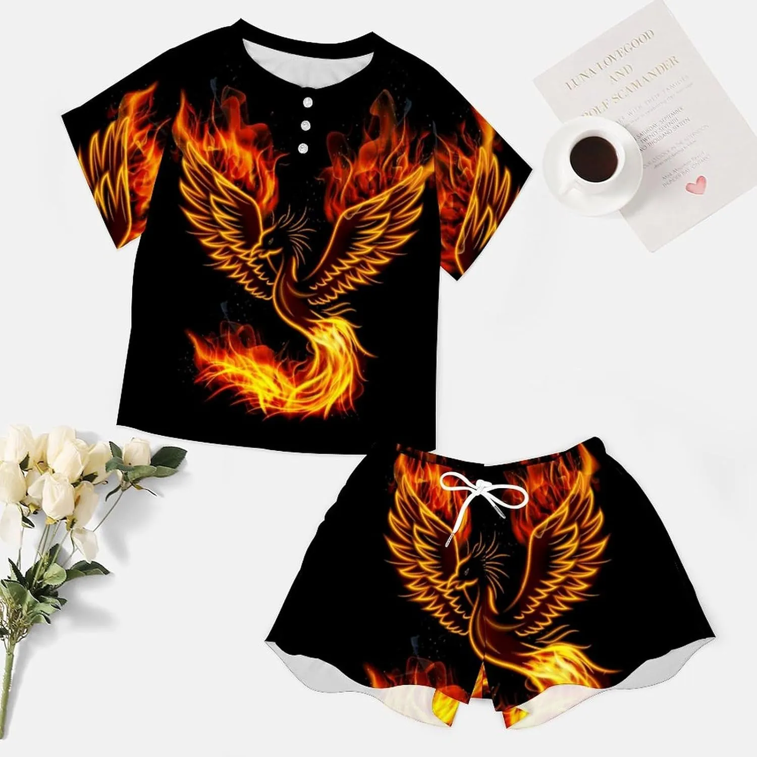 Flaming Phoenixes Bird Womens Pajamas Set Loungewear Short Sleeve Sleepwear PJ