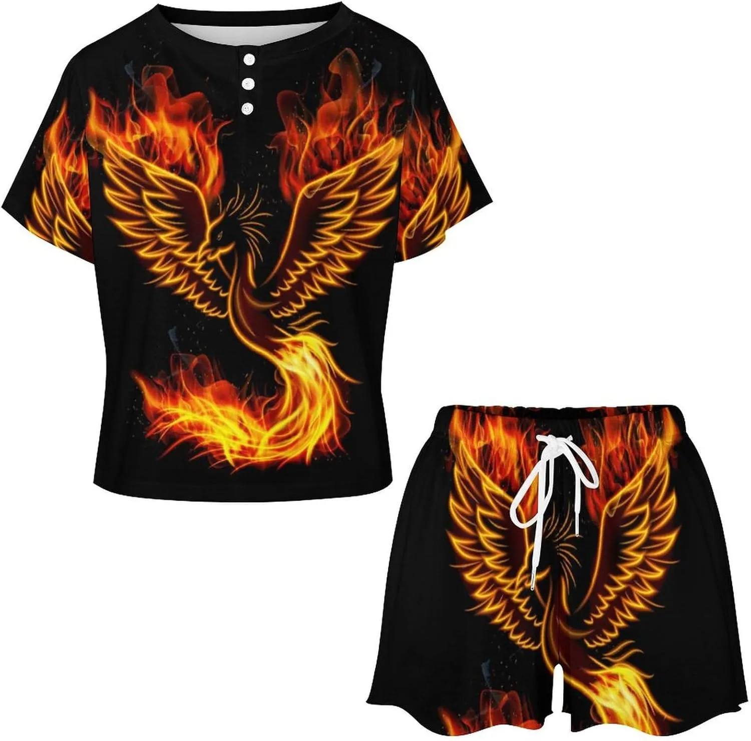 Flaming Phoenixes Bird Womens Pajamas Set Loungewear Short Sleeve Sleepwear PJ