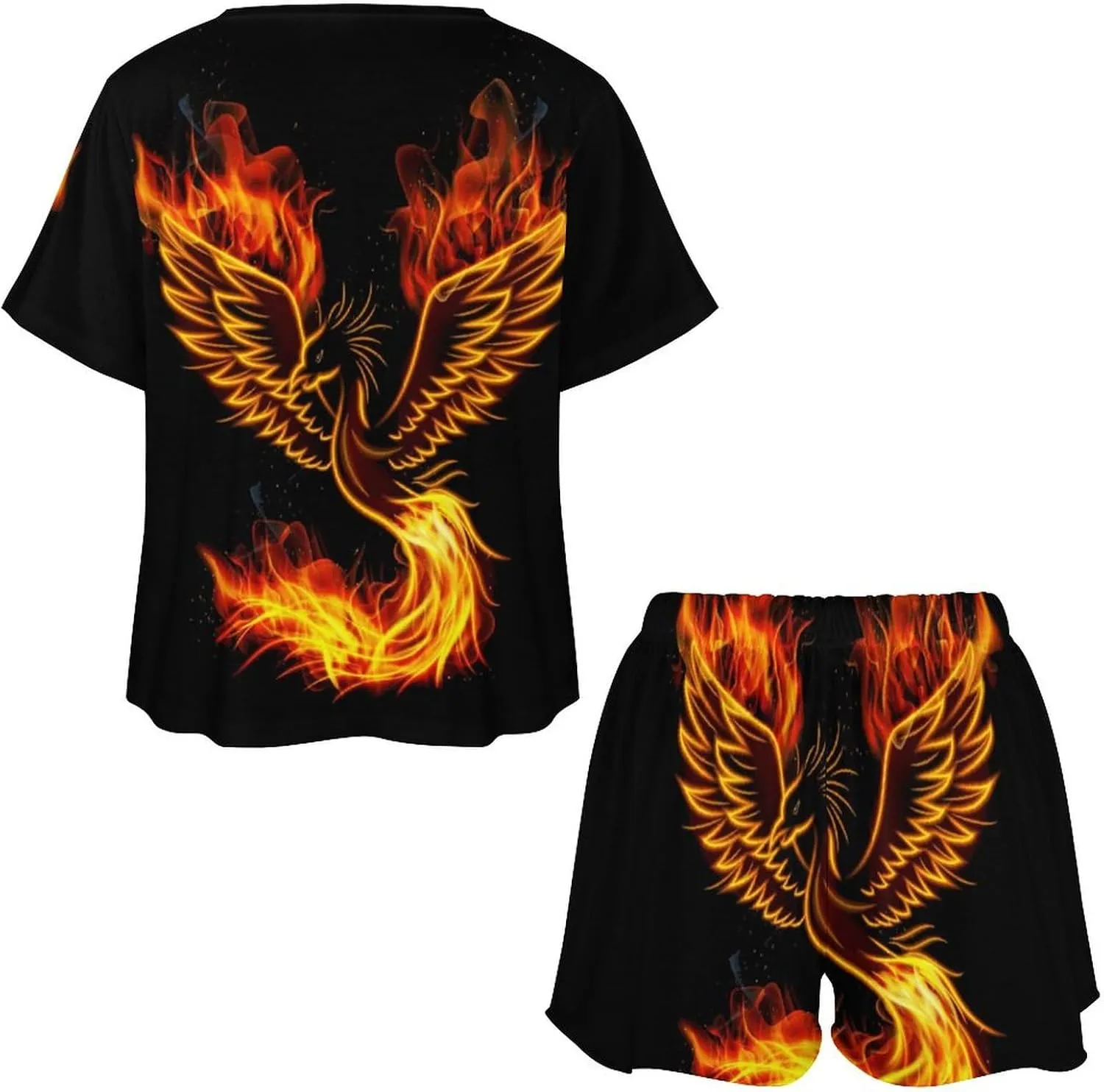 Flaming Phoenixes Bird Womens Pajamas Set Loungewear Short Sleeve Sleepwear PJ