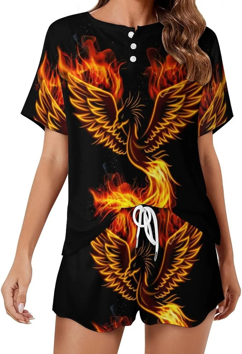 Flaming Phoenixes Bird Womens Pajamas Set Loungewear Short Sleeve Sleepwear PJ