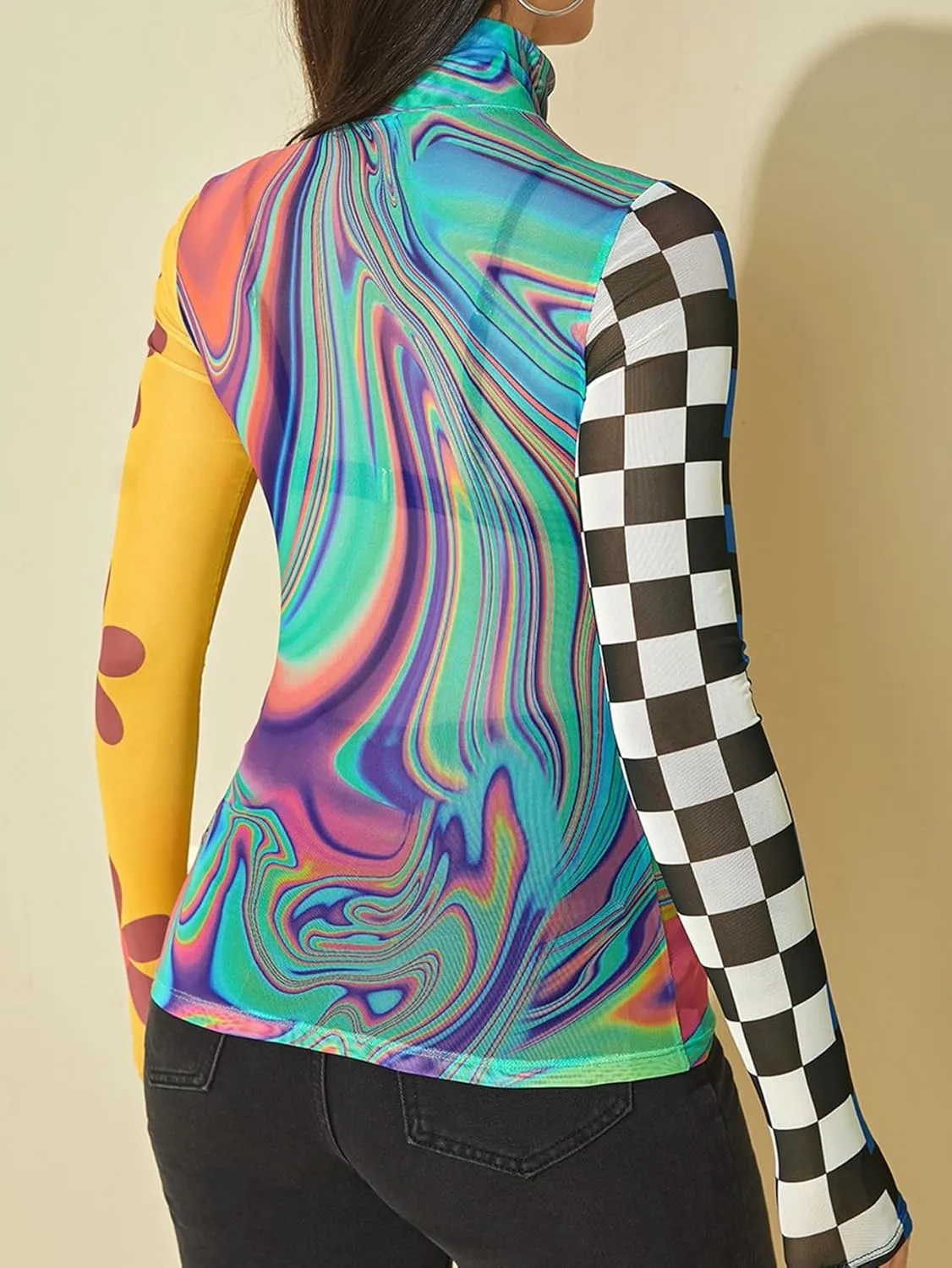 Floerns Women's Contrast Mesh Colorblock Mock Neck T Shirt Long Sleeve Graphic Tops
