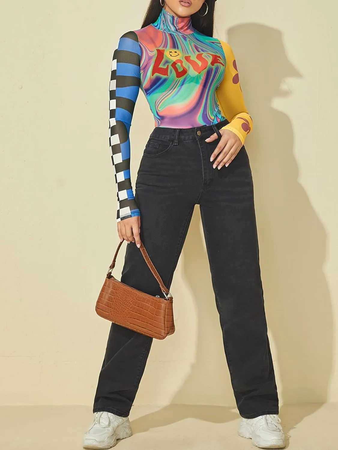 Floerns Women's Contrast Mesh Colorblock Mock Neck T Shirt Long Sleeve Graphic Tops