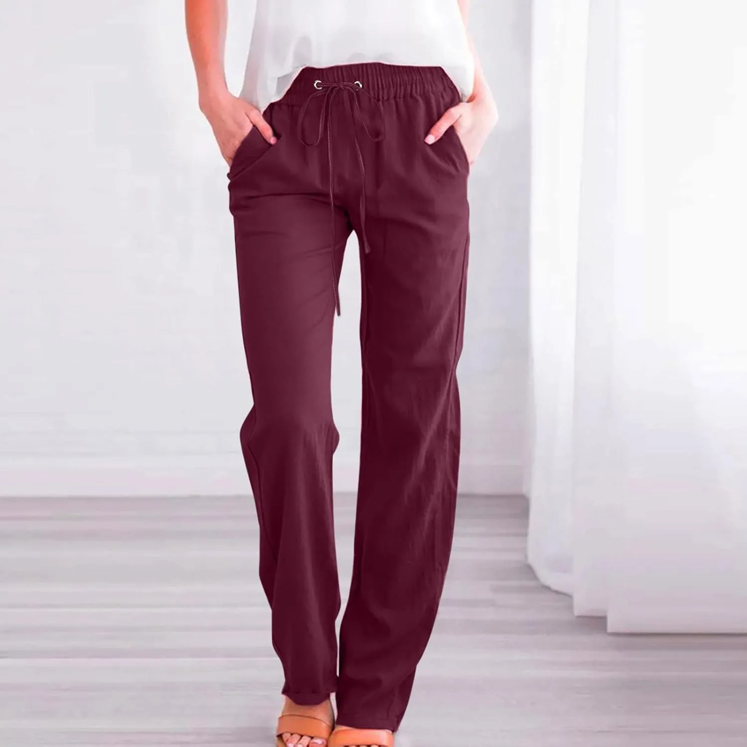 Flowy Linen Pants Women Summer Loose Baggy for Women Pants Palazoo Slacks 2025 Vacation Summer Wide Leg Trousers