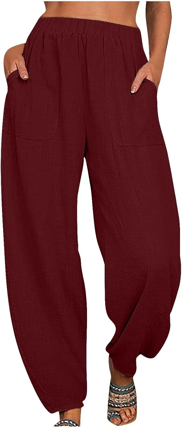 Flowy Pants for Women Straight Leg Cotton Linen Palazzo Trousers Elastic High Waisted Summer Casual Beach Outfit