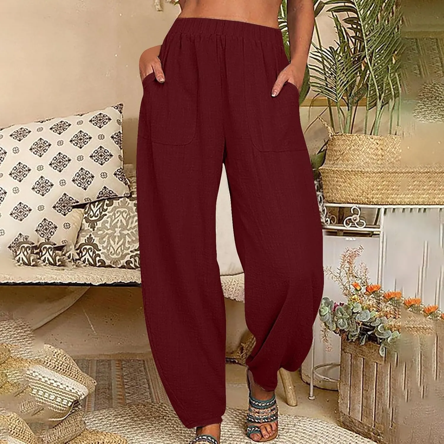Flowy Pants for Women Straight Leg Cotton Linen Palazzo Trousers Elastic High Waisted Summer Casual Beach Outfit