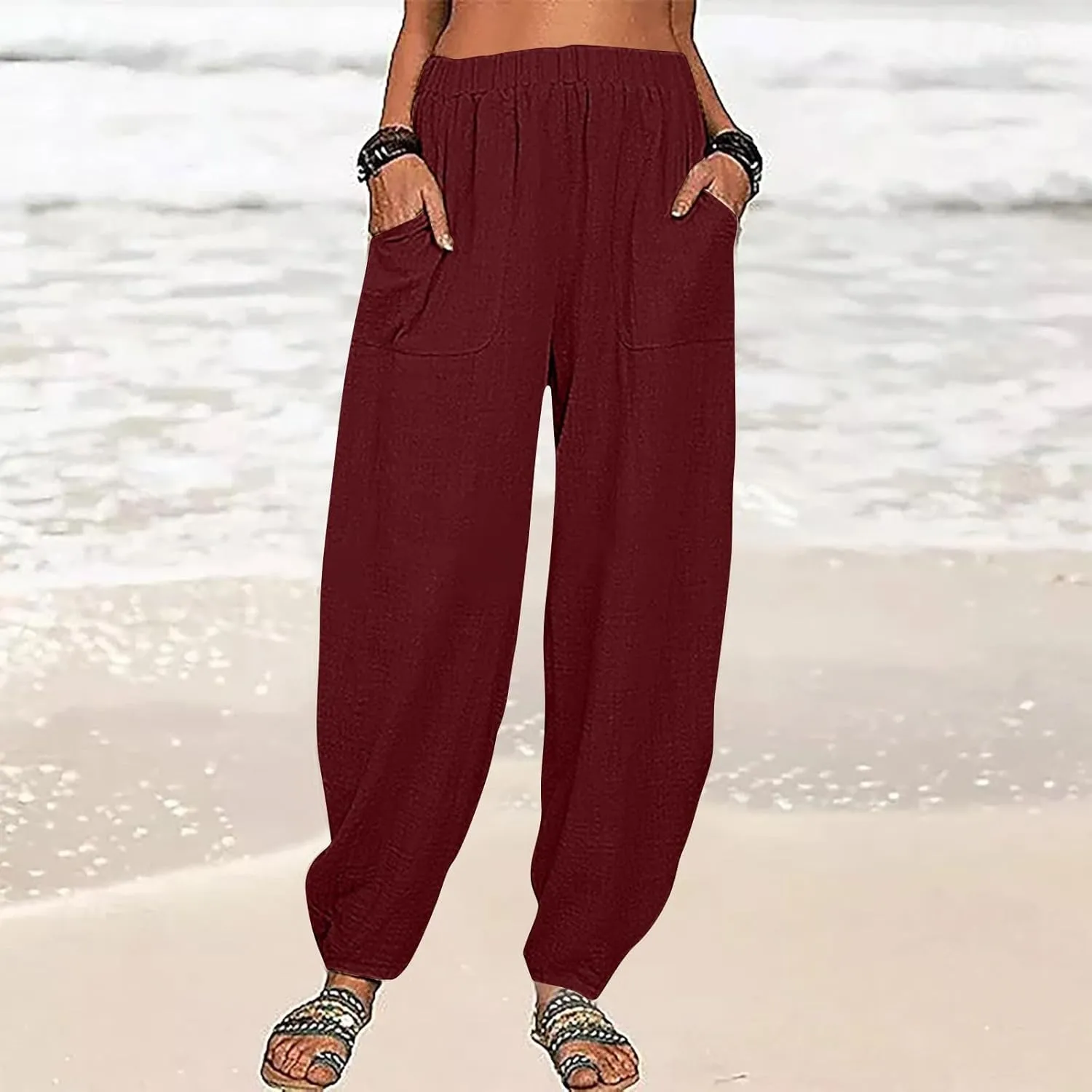 Flowy Pants for Women Straight Leg Cotton Linen Palazzo Trousers Elastic High Waisted Summer Casual Beach Outfit