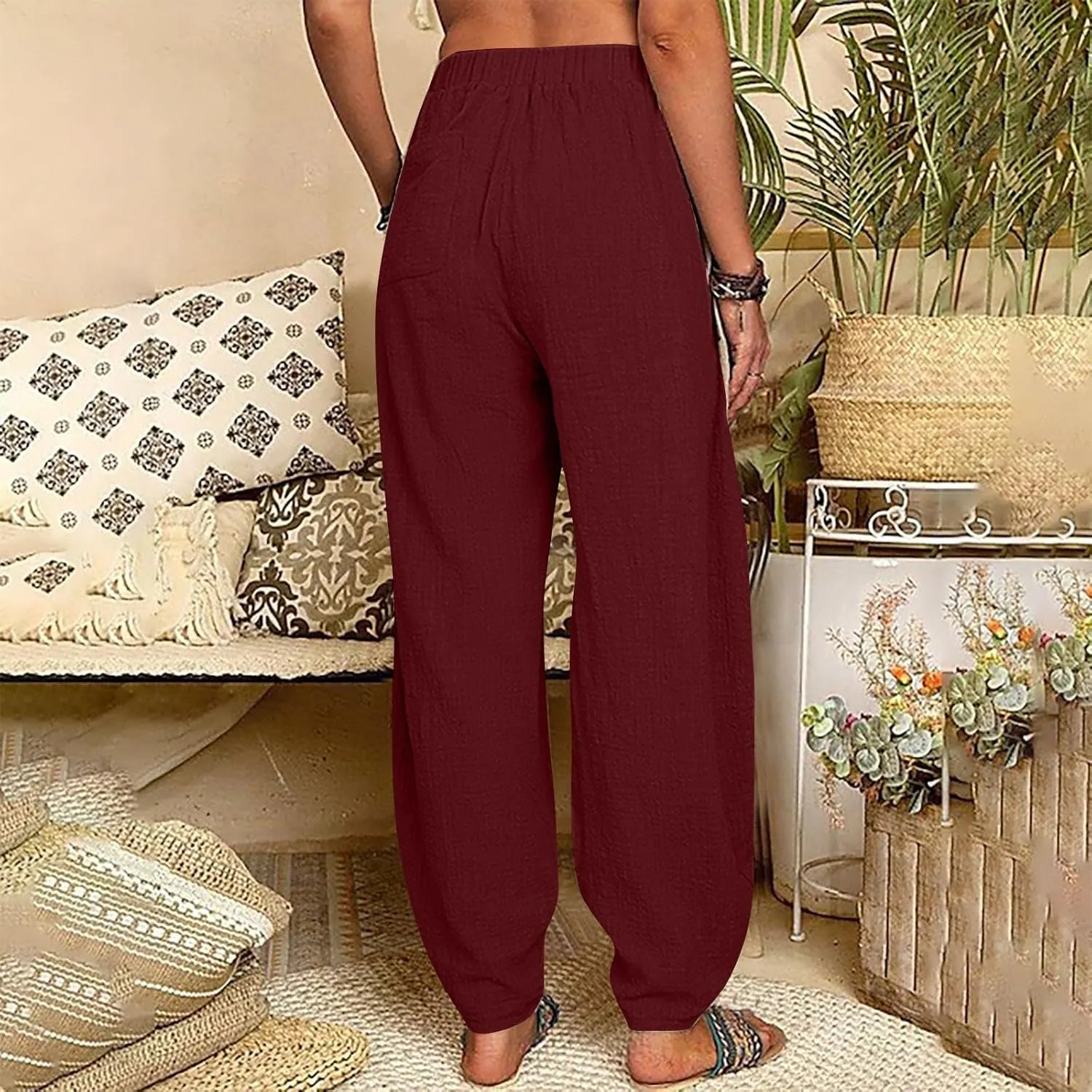 Flowy Pants for Women Straight Leg Cotton Linen Palazzo Trousers Elastic High Waisted Summer Casual Beach Outfit