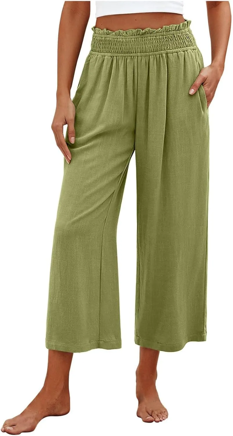 Flowy Pants for Women Wide Leg Palazzo Linen Pants Dressy Summer Casual Elastic Waist Lounge Trousers with Pocket