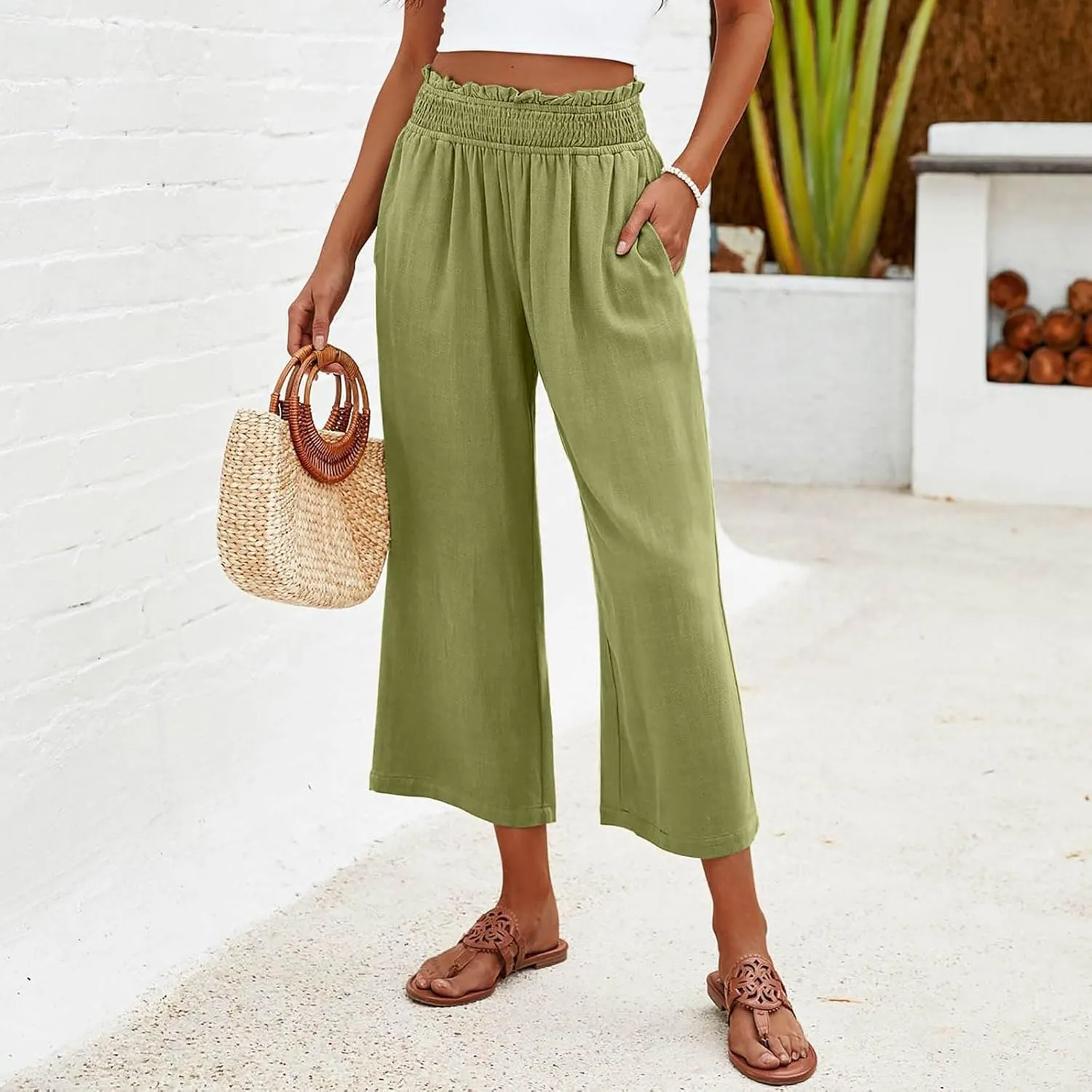 Flowy Pants for Women Wide Leg Palazzo Linen Pants Dressy Summer Casual Elastic Waist Lounge Trousers with Pocket
