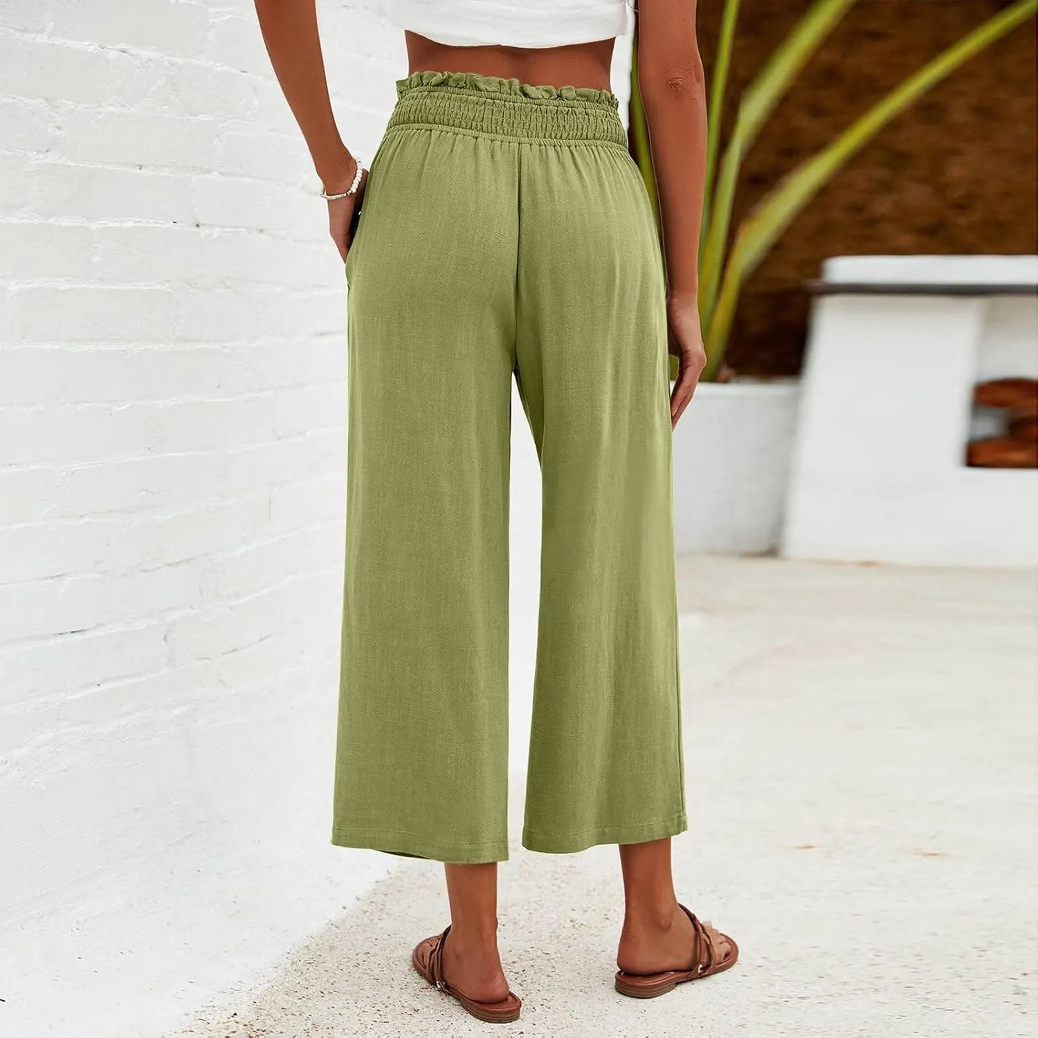 Flowy Pants for Women Wide Leg Palazzo Linen Pants Dressy Summer Casual Elastic Waist Lounge Trousers with Pocket