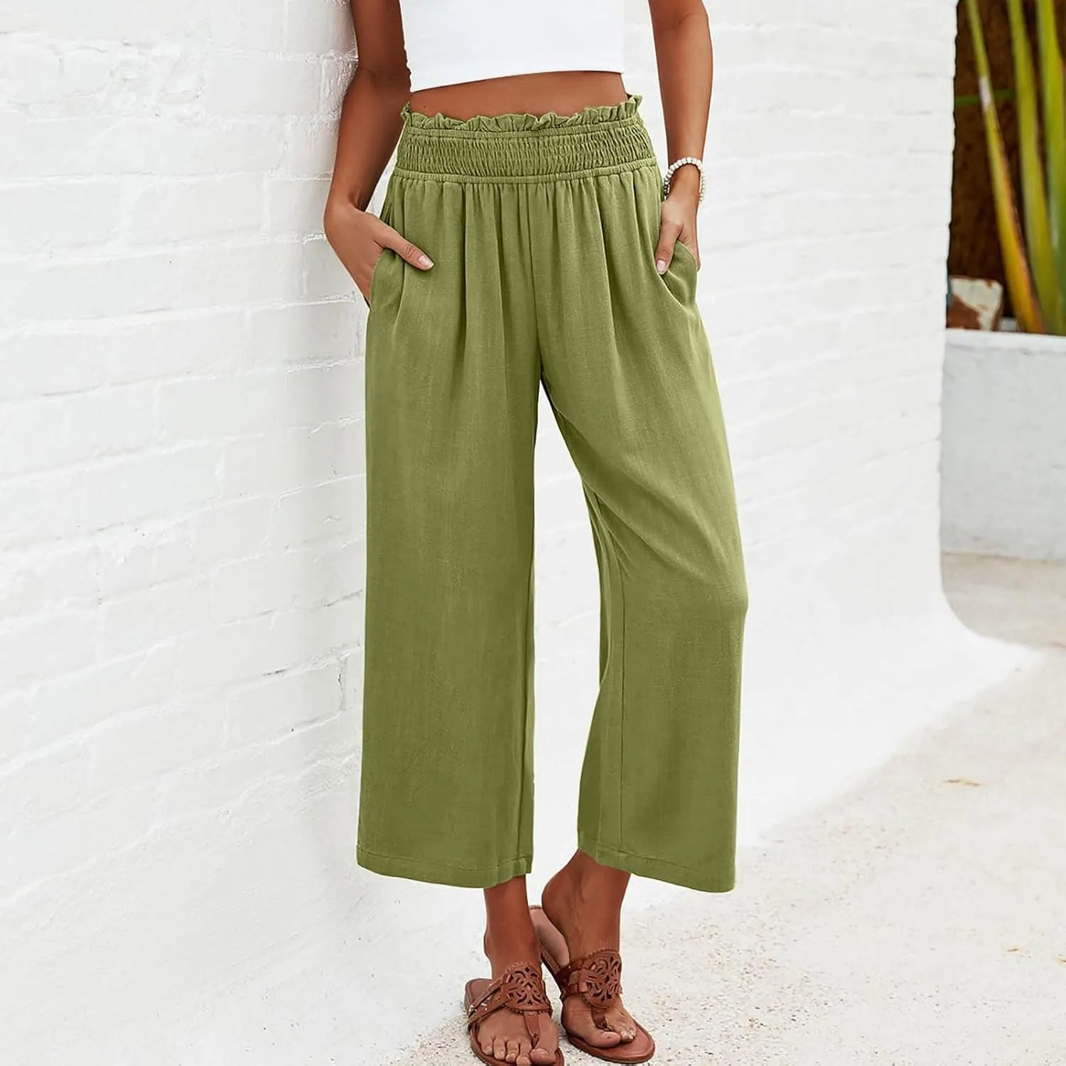 Flowy Pants for Women Wide Leg Palazzo Linen Pants Dressy Summer Casual Elastic Waist Lounge Trousers with Pocket