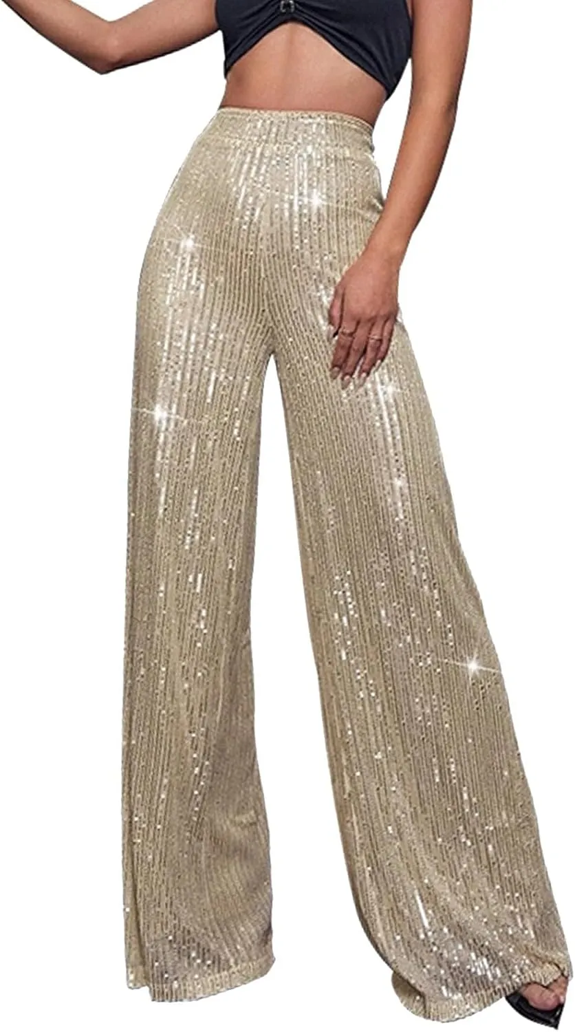 GOKKILRW Sequin Pant for Women Sparkly Glitter High Waist Wide Leg Slacks 70s Disco Party Night Club Trouser Shinny Buttoms