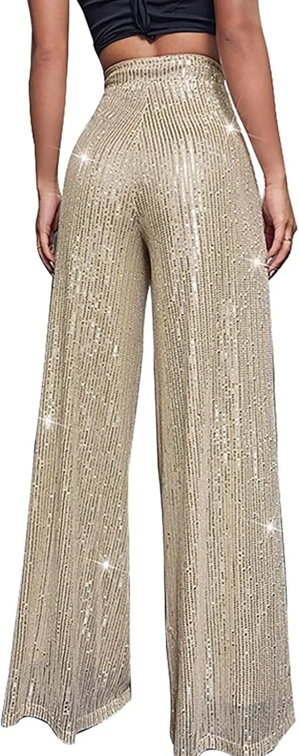 GOKKILRW Sequin Pant for Women Sparkly Glitter High Waist Wide Leg Slacks 70s Disco Party Night Club Trouser Shinny Buttoms