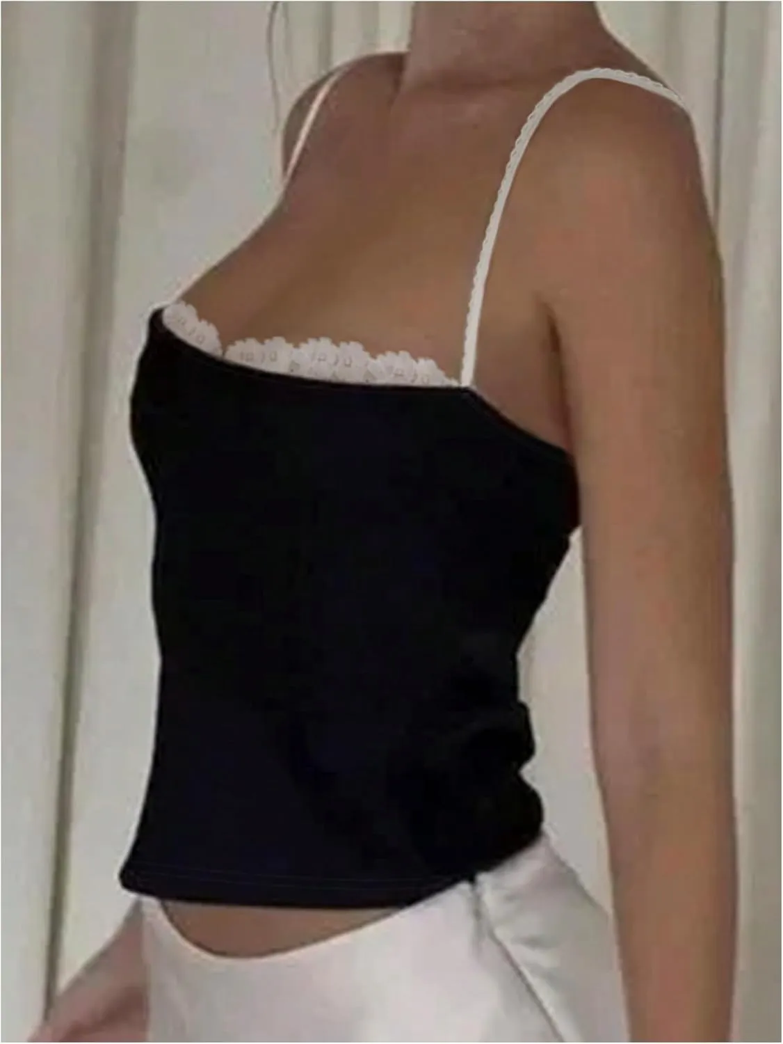 GORGLITTER Women's Contrast Lace Trim Spaghetii Strap Cami Top Going Out Camisole Tops