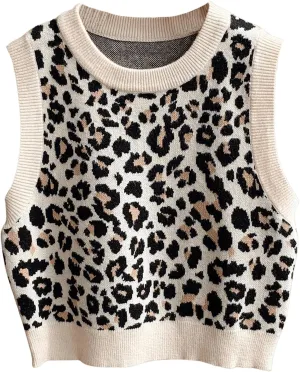 GORGLITTER Women's Leopard Print Knit Sweater Vest Y2k Sleeveless Round Neck Cropped Vest Tops