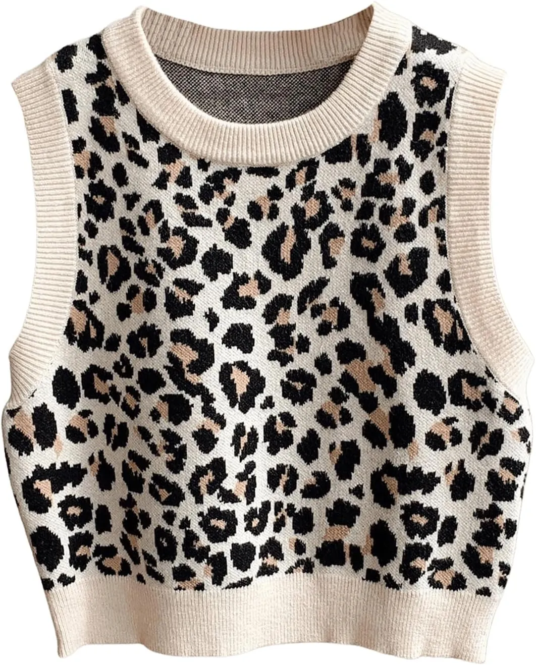 GORGLITTER Women's Leopard Print Knit Sweater Vest Y2k Sleeveless Round Neck Cropped Vest Tops
