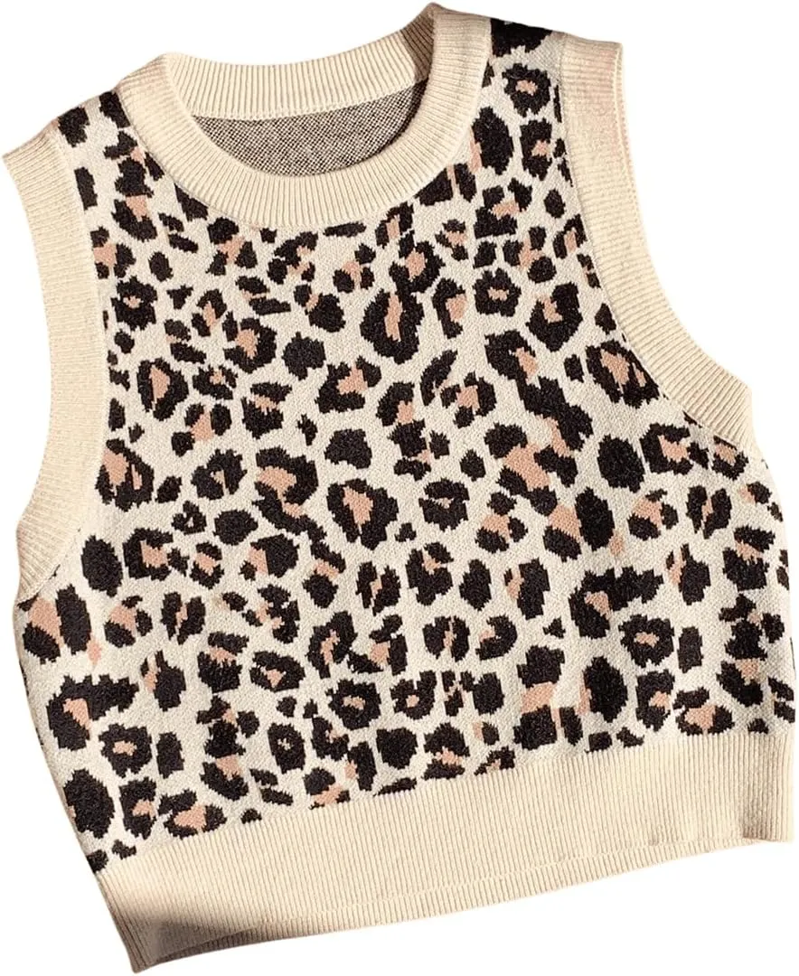 GORGLITTER Women's Leopard Print Knit Sweater Vest Y2k Sleeveless Round Neck Cropped Vest Tops