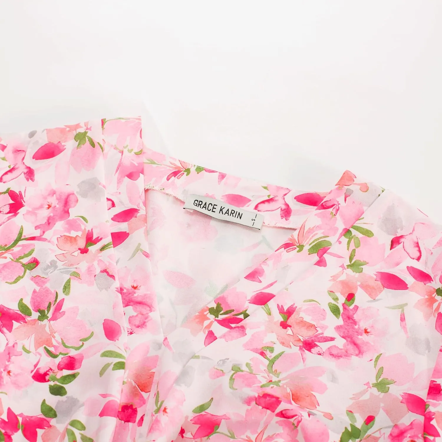 GRACE KARIN 2024 Women's Elegant V Neck Floral Peplum Tops Tie Front Short Bell Sleeve Shirts Tops Blouse