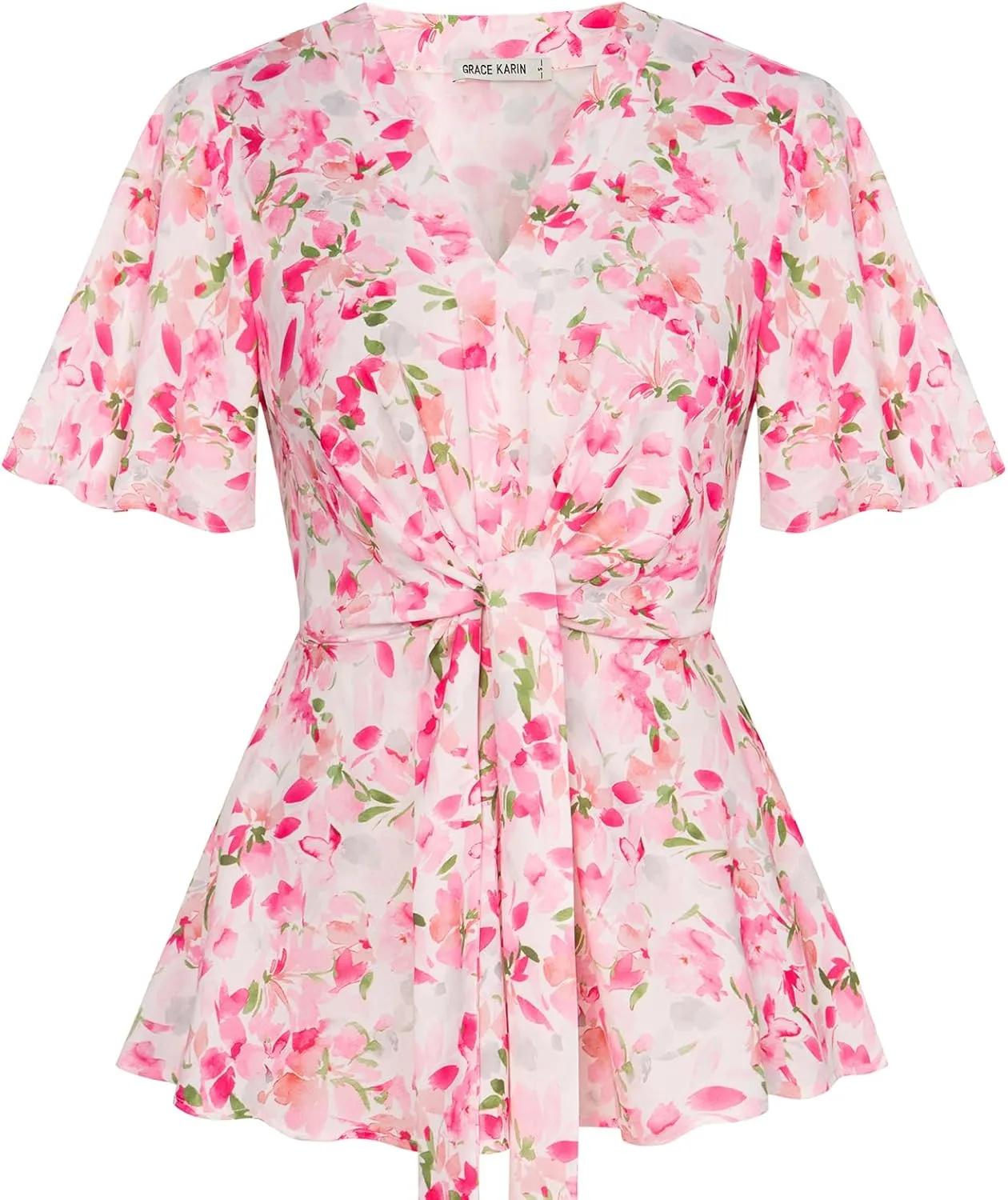 GRACE KARIN 2024 Women's Elegant V Neck Floral Peplum Tops Tie Front Short Bell Sleeve Shirts Tops Blouse