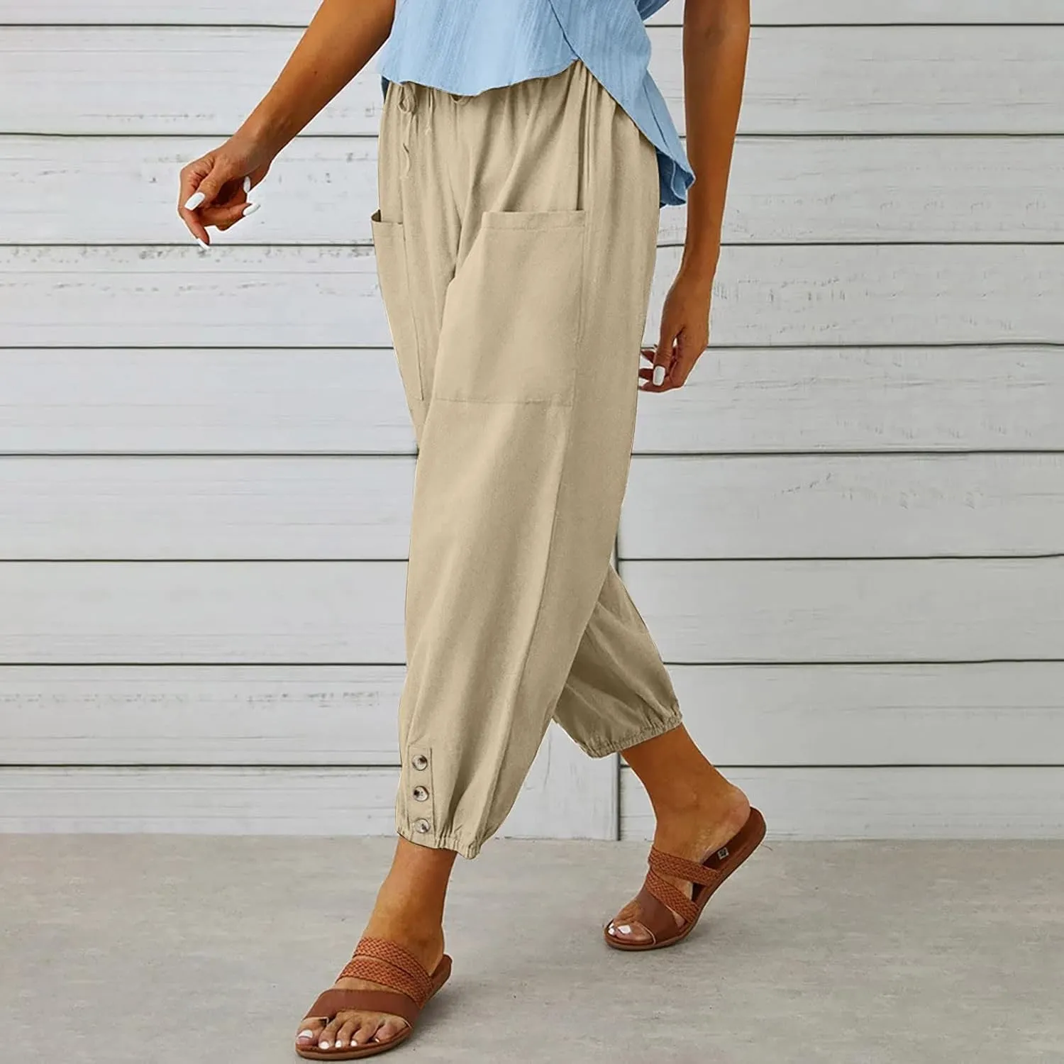 High Waist Cotton Linen Pants for Women Casual Summer Drawstring Lounge Pants Loose Cropped Trousers with Pockets