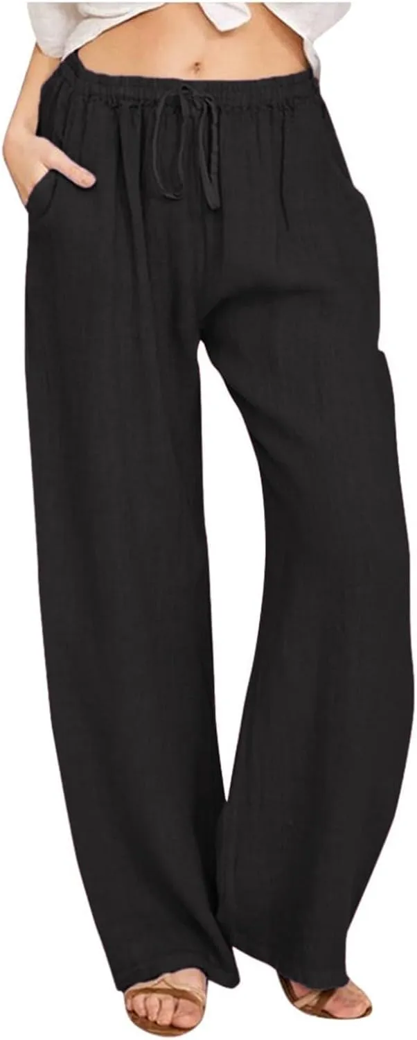 High Waisted Linen Pants Women Wide Leg Work Pants with Pockets Summer Casual Baggy Elastic Waist Trouser Pants