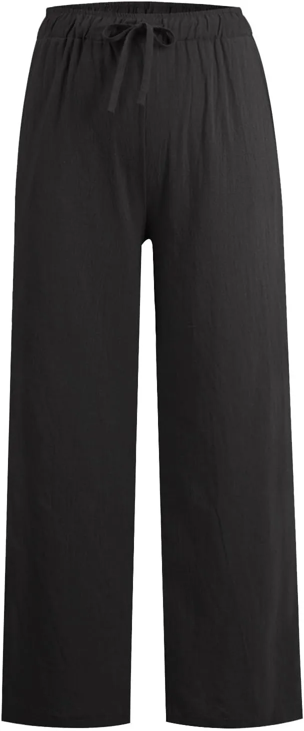 High Waisted Linen Pants Women Wide Leg Work Pants with Pockets Summer Casual Baggy Elastic Waist Trouser Pants