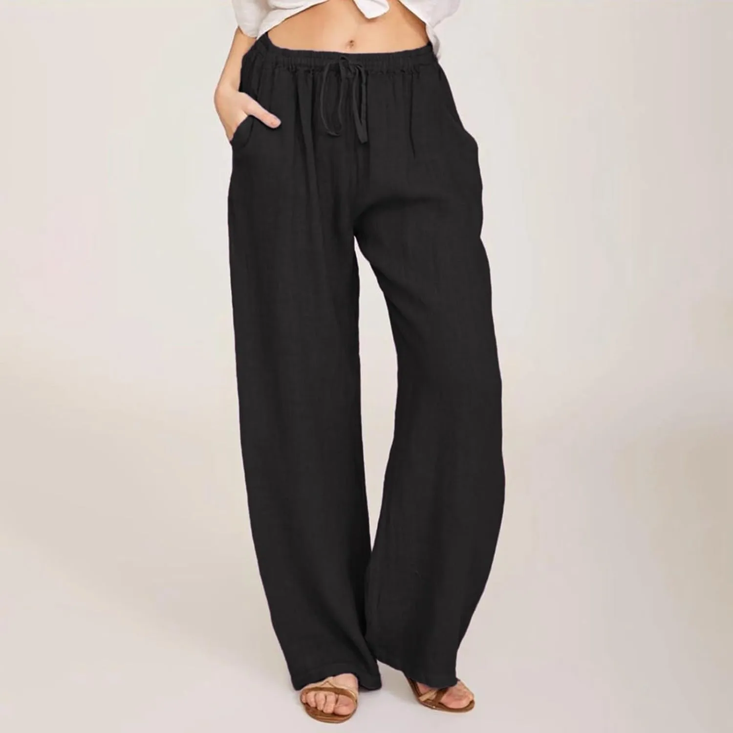 High Waisted Linen Pants Women Wide Leg Work Pants with Pockets Summer Casual Baggy Elastic Waist Trouser Pants